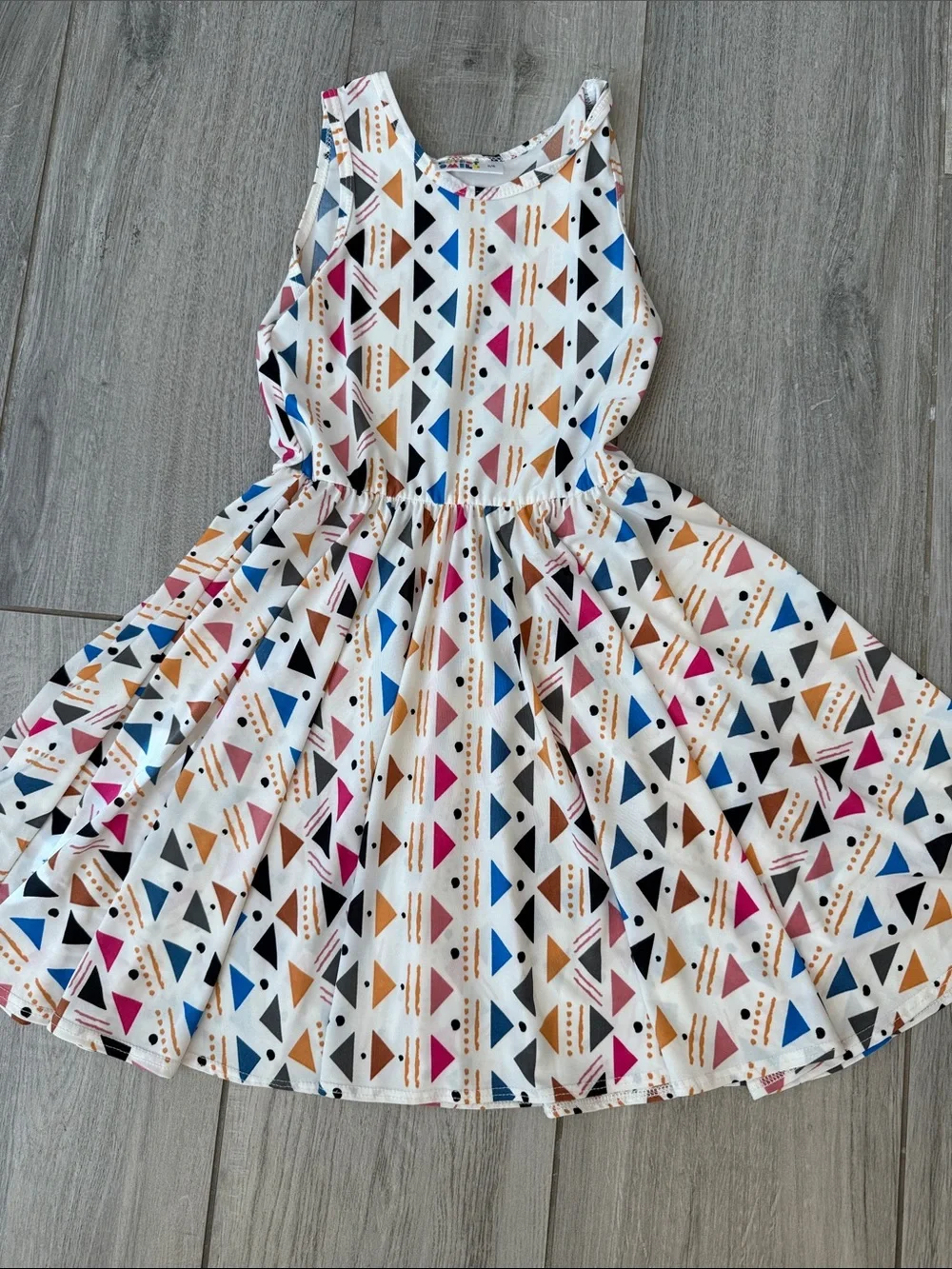 Girls' White Geometric Tank Dress with Pink, Blue & Gold Accents